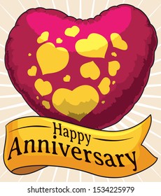 Metallic heart shaped balloon with greeting ribbon to celebrate a happy and romantic anniversary.