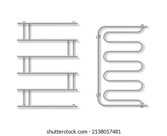 Metallic heater towel rail set realistic. Collection of chrome combined rack for drying clothes isolated. Bath hanger design. Domestic equipment holder for dry. Vector illustration