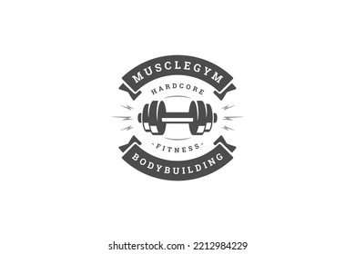 Metallic heavy dumbbell with lightning and ribbon fitness club vintage logo design template vector illustration. Power bodybuilding training gym center healthy lifestyle sport workout hobby brand id