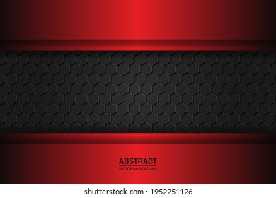 Metallic hexagonal black carbon grid. Carbon fiber black hexagon texture.  Red and black plates on carbon mesh. 