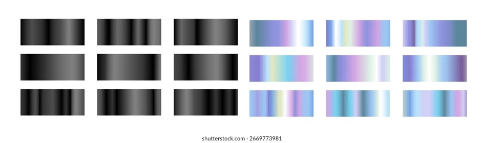 Coleção de molduras holográficas metálicas com transições gradientes de cromo preto para acabamento iridescente do arco-íris para design moderno. Bordas retangulares com superfícies refletoras e efeitos de mudança de cor