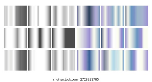 Colección de marco de holograma metálico con transiciones de degradado de cromo plateado a acabados iridiscentes de arco iris para un diseño moderno. Bordes rectangulares con superficies reflectantes y efecto de cambio de color