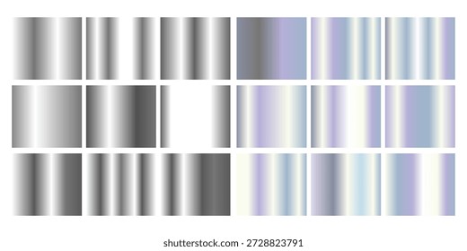 Colección de marco de holograma metálico con transiciones de degradado de cromo plateado a acabados iridiscentes de arco iris para un diseño moderno. Bordes rectangulares con superficies reflectantes y efecto de cambio de color