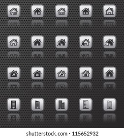 metallic houses web icons buttons set with reflections on dark background