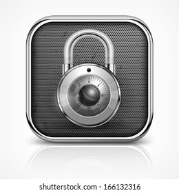 Metallic icon with round padlock on white, vector illustration