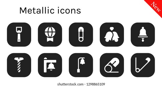  metallic icon set. 10 filled metallic icons. Simple modern icons about  - Bottle opener, Prize, Safety pin, Bells, Bell, Screw