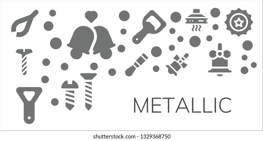 metallic icon set. 11 filled metallic icons.  Simple modern icons about  - Tweezers, Bells, Screw, Chisel, Bottle opener, Bell, Extractor hood, Beer cap