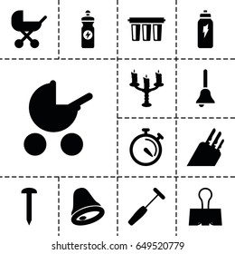 Metallic icon. set of 13 filled metallic icons such as baby stroller, nail, energy drink, stopwatch, medical hammer, paper clamp, bell, candlestick, knife, filter