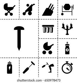 Metallic icon. set of 13 filled metallicicons such as baby stroller, nail, concrete mixer, energy drink, stopwatch, knee hammer reaction check, medical hammer, candlestick