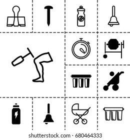 Metallic icon. set of 13 filled and outline metallic icons such as baby stroller, nail, concrete mixer, bell, filter, energetic drink, energy drink, stopwatch