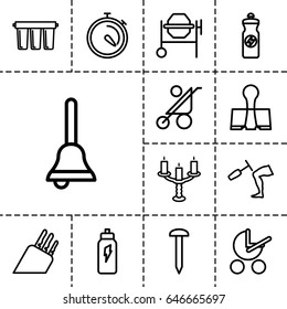 Metallic icon. set of 13 outline metallicicons such as baby stroller, nail, concrete mixer, energy drink, stopwatch, knee hammer reaction check, paper clamp, bell, candlestick