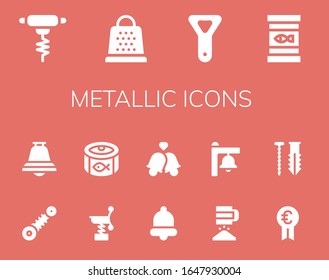 metallic icon set. 14 filled metallic icons. Included Bottle opener, Grater, Canned food, Suspension, Bell, Spring, Bells, Sieve, Prize, Screw icons
