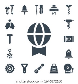 metallic icon set. 17 filled metallic icons. Included Screw, Bells, Prize, Belly piercing, Bottle opener, Canned food, Bell, Beer cap, Suspension, Extractor hood, Grater icons
