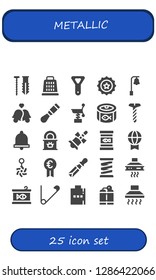  metallic icon set. 25 filled metallic icons. Simple modern icons about  - Screw, Grater, Bottle opener, Beer cap, Bell, Bells, Chisel, Spring, Canned food, Tinned food, Prize