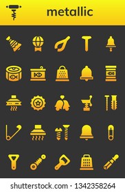 metallic icon set. 26 filled metallic icons.  Simple modern icons about  - Bell, Bottle opener, Prize, Tweezers, Screw, Canned food, Grater, Extractor hood, Beer cap, Bells, Spring