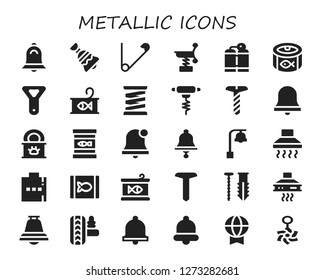  metallic icon set. 30 filled metallic icons. Simple modern icons about  - Bell, Safety pin, Spring, Oxygen tank, Canned food, Bottle opener, Screw, Alarm bell, Tinned food, Hood
