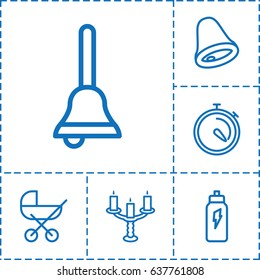 Metallic icon. set of 6 metallic outline icons such as baby stroller, stopwatch, bell, candlestick