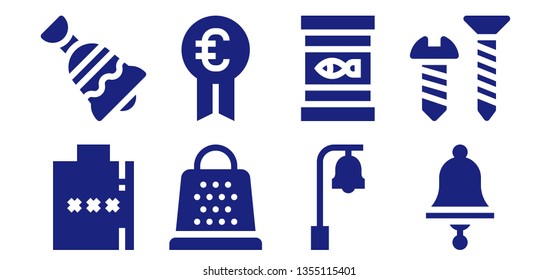 metallic icon set. 8 filled metallic icons.  Collection Of - Hip flask, Bell, Grater, Prize, Canned food, Screw