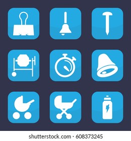 Metallic icon. set of 9 filled metallic icons such as baby stroller, nail, concrete mixer, stopwatch, paper clamp, bell