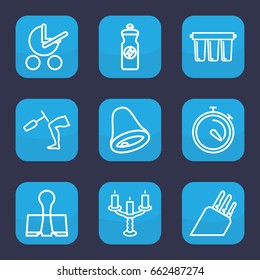 Metallic icon. set of 9 outline metallic icons such as baby stroller, energy drink, stopwatch, knee hammer reaction check, paper clamp, candlestick, knife, filter