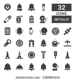 metallic icon set. Collection of 32 filled metallic icons included Bell, Eiffel tower, Grater, Screw, Bottle cap, Ringer, Metal, Bottle opener, Damper, Chrome, Safety pin, Beer can