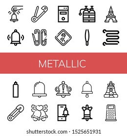 metallic icon set. Collection of Bell, Safety pin, Computer tower, Slippery road, Oxygen tank, Tweezers, Eiffel tower, Towel rail, Bells, Grater icons
