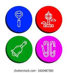 metallic icon set. Collection of Bottle opener, Park tower, Handbell, Safety pin icons