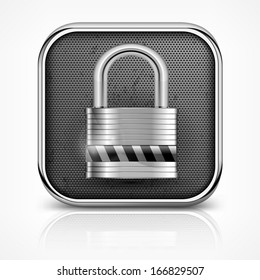 Metallic icon with square padlock on white, vector illustration