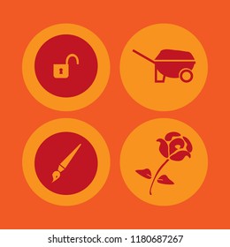 metallic icon. metallic vector icons set brush, rose, wheelbarrow and open lock