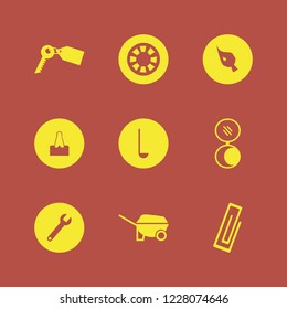 metallic icon. metallic vector icons set paper clip, wrench, pocket mirror and wheelbarrow