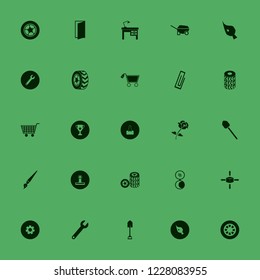 metallic icon. metallic vector icons set rose, car wheels, wheelbarrow and shopping cart