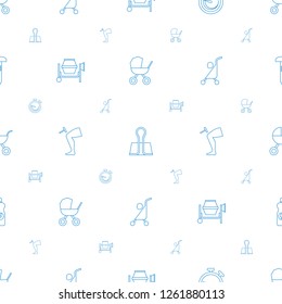 metallic icons pattern seamless white background. Included editable line baby stroller, paper clamp, stopwatch, concrete mixer, knee hammer reaction check icons. metallic icons for web and mobile.