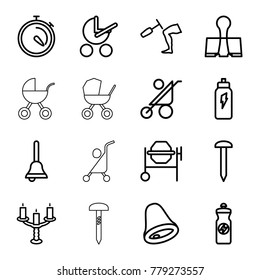 Metallic icons. set of 16 editable outline metallic icons such as baby stroller, nail, concrete mixer, energy drink, stopwatch, knee hammer reaction check, paper clamp, bell