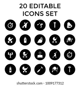 Metallic icons. set of 20 editable filled metallic icons such as baby stroller, nail, concrete mixer, energy drink, stopwatch. best quality metallic elements in trendy style.