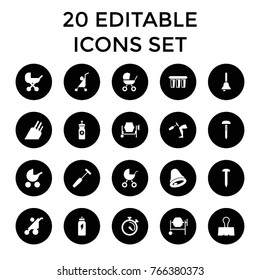 Metallic icons. set of 20 editable filled metallic icons such as baby stroller, nail, concrete mixer, energy drink, stopwatch, knee hammer reaction check, medical hammer