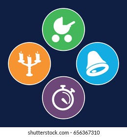 Metallic icons set. set of 4 metallic filled icons such as baby stroller, stopwatch, candlestick