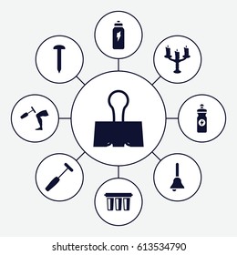 Metallic icons set. set of 9 metallic filled icons such as nail, energy drink, knee hammer reaction check, medical hammer, paper clamp, bell, candlestick, filter