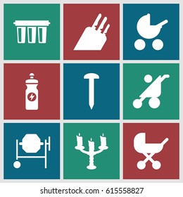 Metallic icons set. set of 9 metallic filled icons such as baby stroller, nail, concrete mixer, energy drink, candlestick, knife