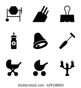 Metallic icons set. set of 9 metallic filled icons such as baby stroller, concrete mixer, energy drink, medical hammer, paper clamp, candlestick, knife