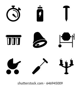 Metallic icons set. set of 9 metallic filled icons such as baby stroller, nail, concrete mixer, stopwatch, medical hammer, candlestick, filter, energetic drink
