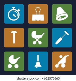 Metallic icons set. set of 9 metallic filled icons such as baby stroller, nail, stopwatch, medical hammer, paper clamp