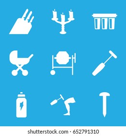 Metallic icons set. set of 9 metallic filled icons such as baby stroller, nail, concrete mixer, knee hammer reaction check, medical hammer, candlestick, knife, filter