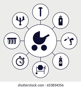 Metallic icons set. set of 9 metallic filled icons such as baby stroller, nail, concrete mixer, energy drink, stopwatch, knee hammer reaction check, candlestick, filter