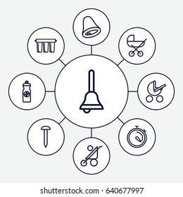 Metallic icons set. set of 9 metallic outline icons such as baby stroller, nail, energy drink, stopwatch, bell