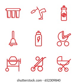 Metallic icons set. set of 9 metallic outline icons such as baby stroller, concrete mixer, energy drink, knee hammer reaction check, bell, filter