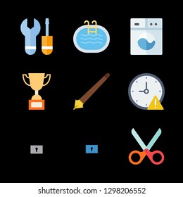 metallic icons set with step ladder, washing machine and stopwatch vector set