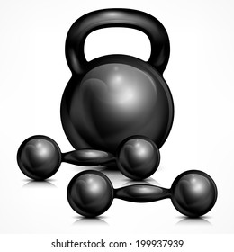 Metallic kettle bell and two dumbbells on white, vector illustration