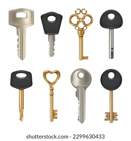 Metallic key. Safety concept set pictures of different door key decent vector illustrations