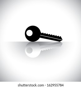 metallic key silhouette with reflection on white background. The concept vector also represents property investment, asset protection, general safety and security, etc