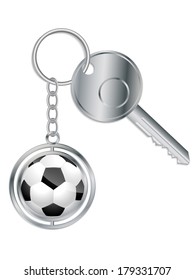 Metallic key with soccer ball keyholder on white